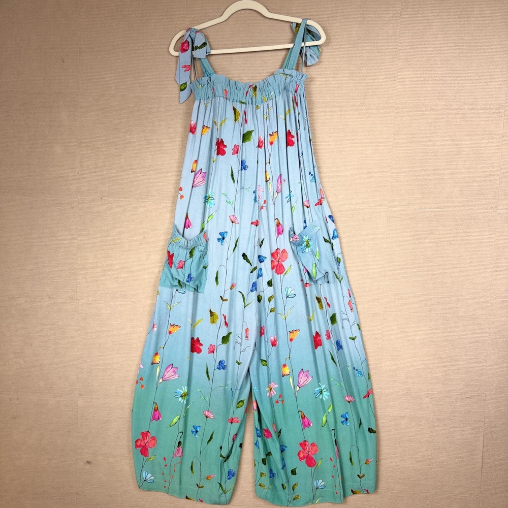 Anthropologie Bl^nk Jumpsuit Small Blue Green Ombre Floral Wide Leg Tie Strap